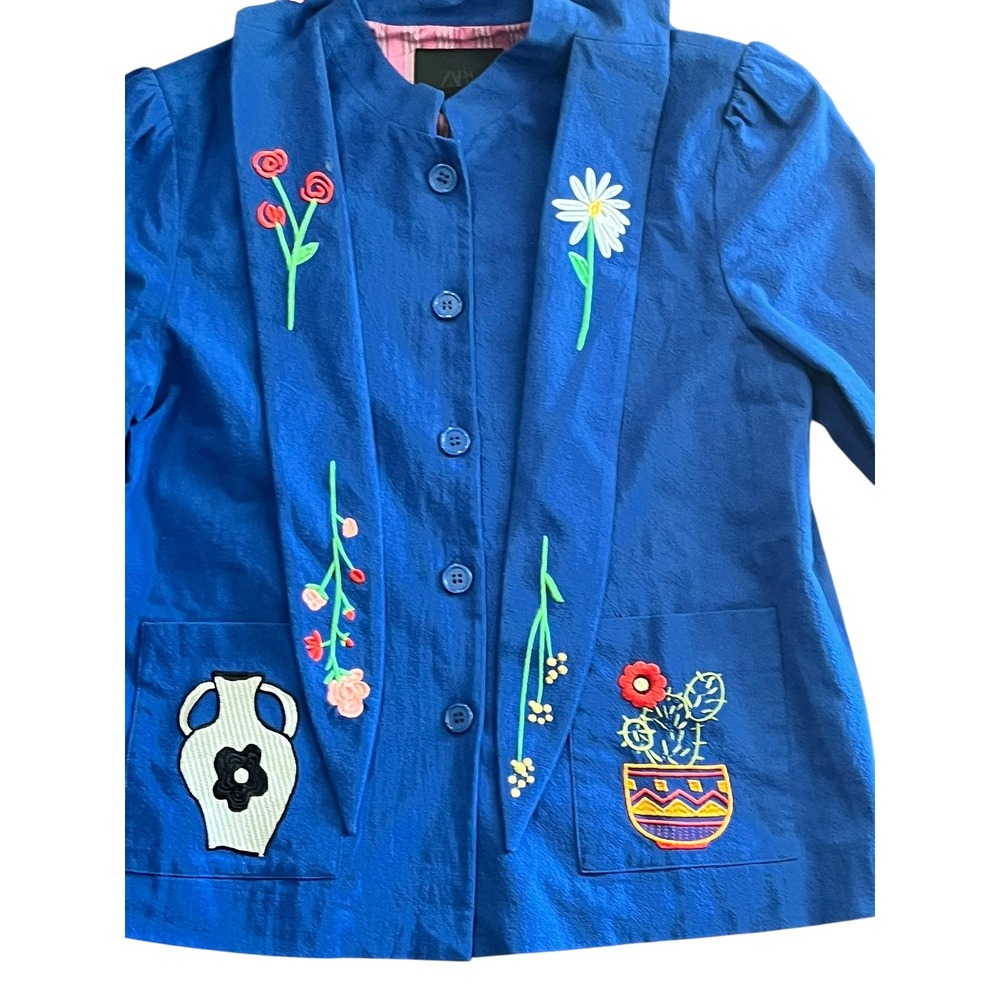Zara Blue Embroidered Floral Cactus Button Up Jacket Pink Striped Lining Small
